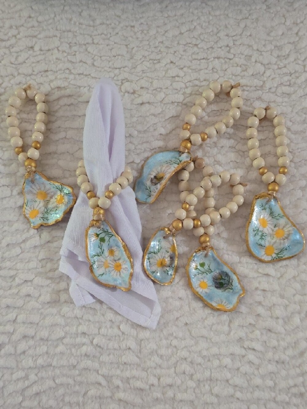 Decoupage gold painted Blue Daisy Oyster Shell Beaded Napkins holders